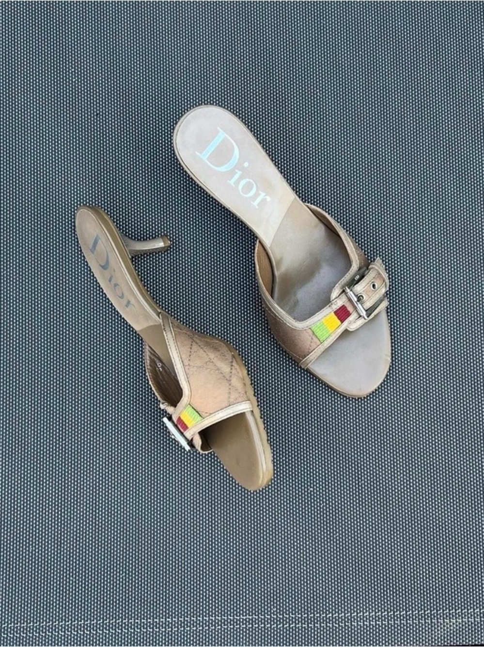 Vintage 2004 Dior Rasta Beige Leather Slide Mules with Multicolor Stripe - Picture 3 of 8